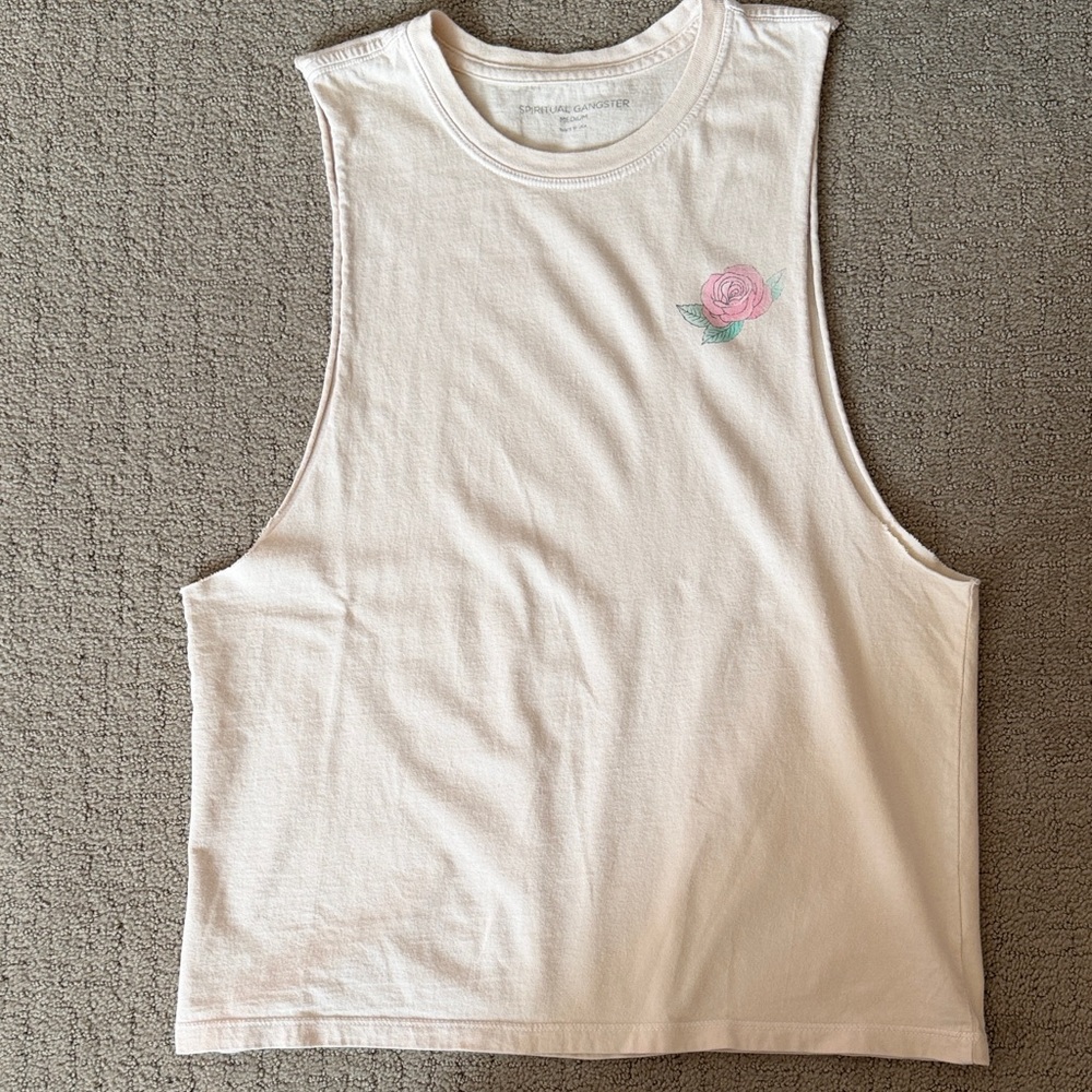 Spiritual Gangster White Muscle Tee with Pink Rose